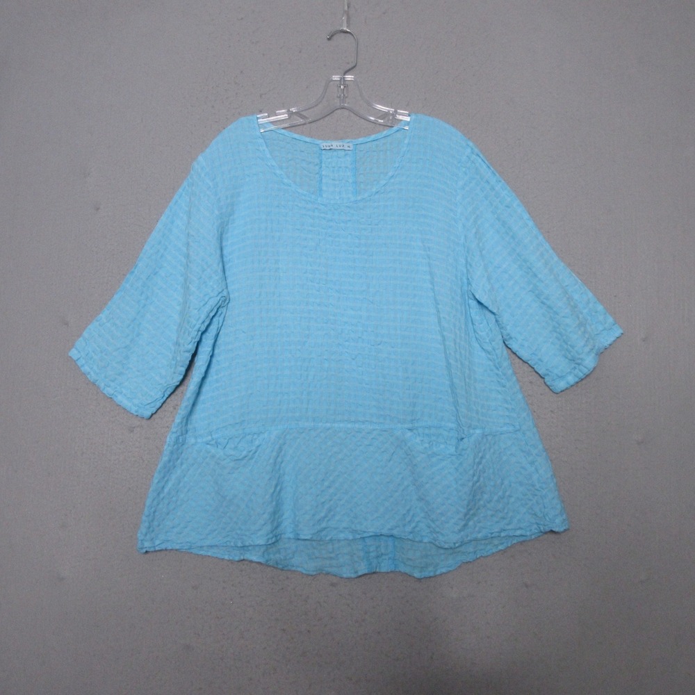 Luna Luz Top XL Blue Linen Blend Lagenlook Pockets Tunic Textured Coastal USA
